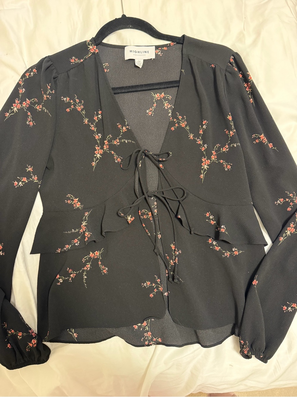 Highline Black Floral Tie-Front Peplum Blouse